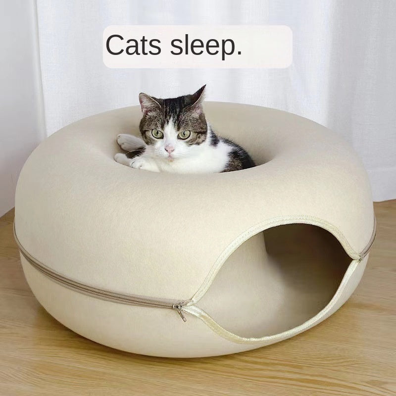 Felt Donut Cat Bed with Zipper Cat Tunnel